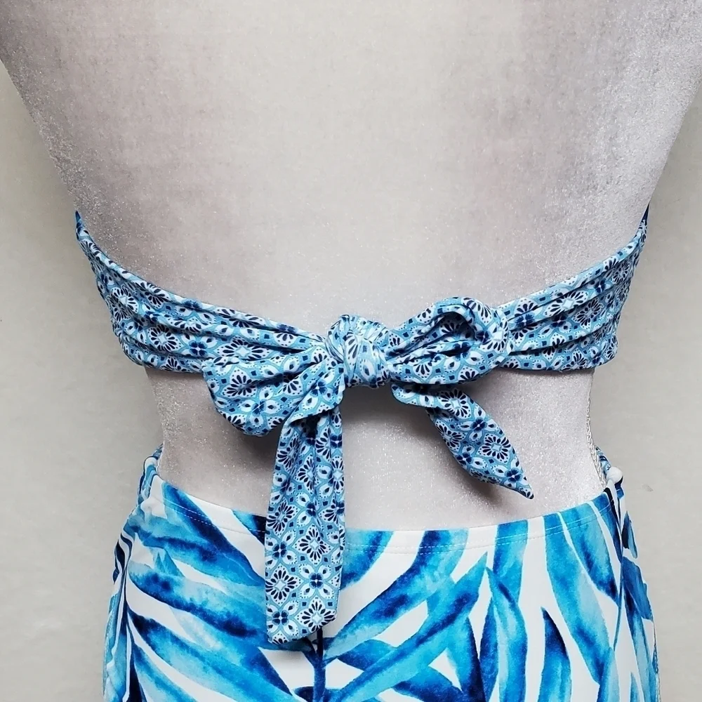 Sweet Escape Blue Leaf Floral Paisley Padded Halter Top Roll Top Bottom Bikini 8
